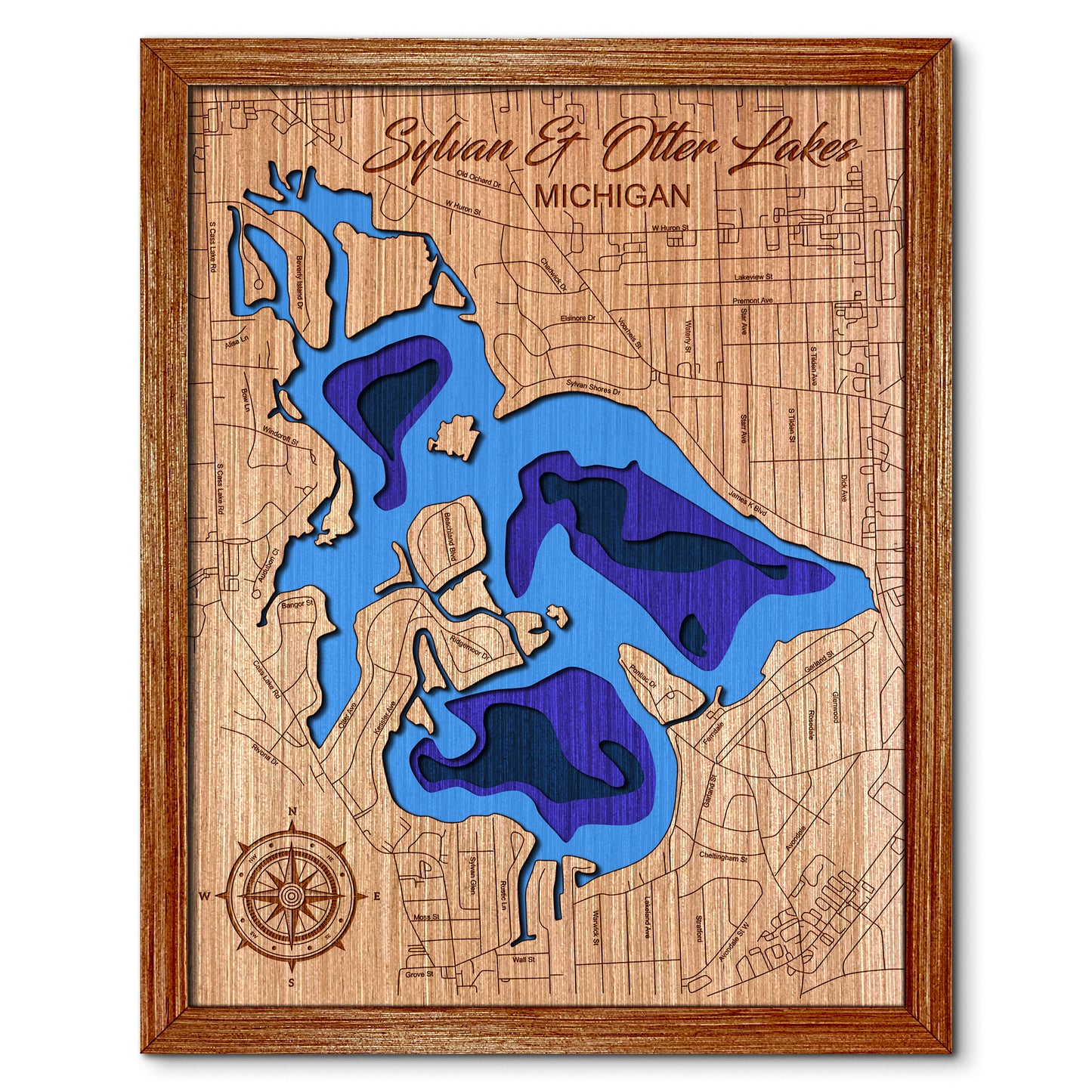 Sylvan & Otter Lakes, Michigan Depth Map - Any Lake, Pond, or Reservoir - Unique Home Decor, Wall Art
