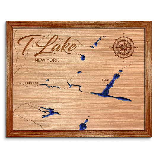 T Lake and T Falls, New York Depth Map - Any Lake, Pond, or Reservoir, Home Decor, Wall Art, Wall Decor