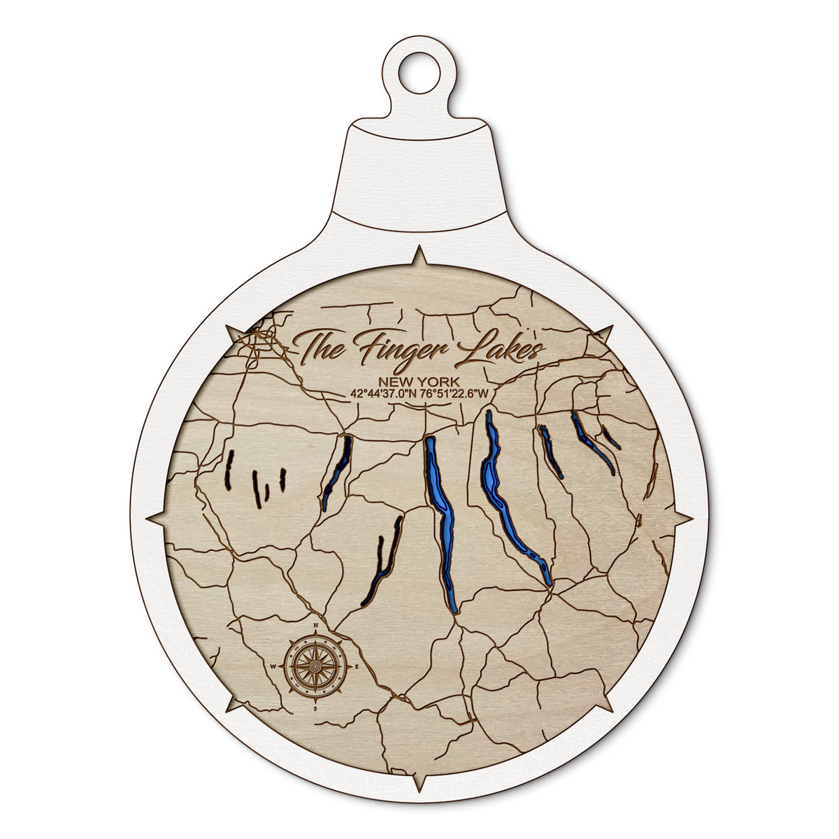 The Finger Lakes, New York Custom 3D Layered Wood Lake Map Ornament | Handcrafted Bathymetric Art