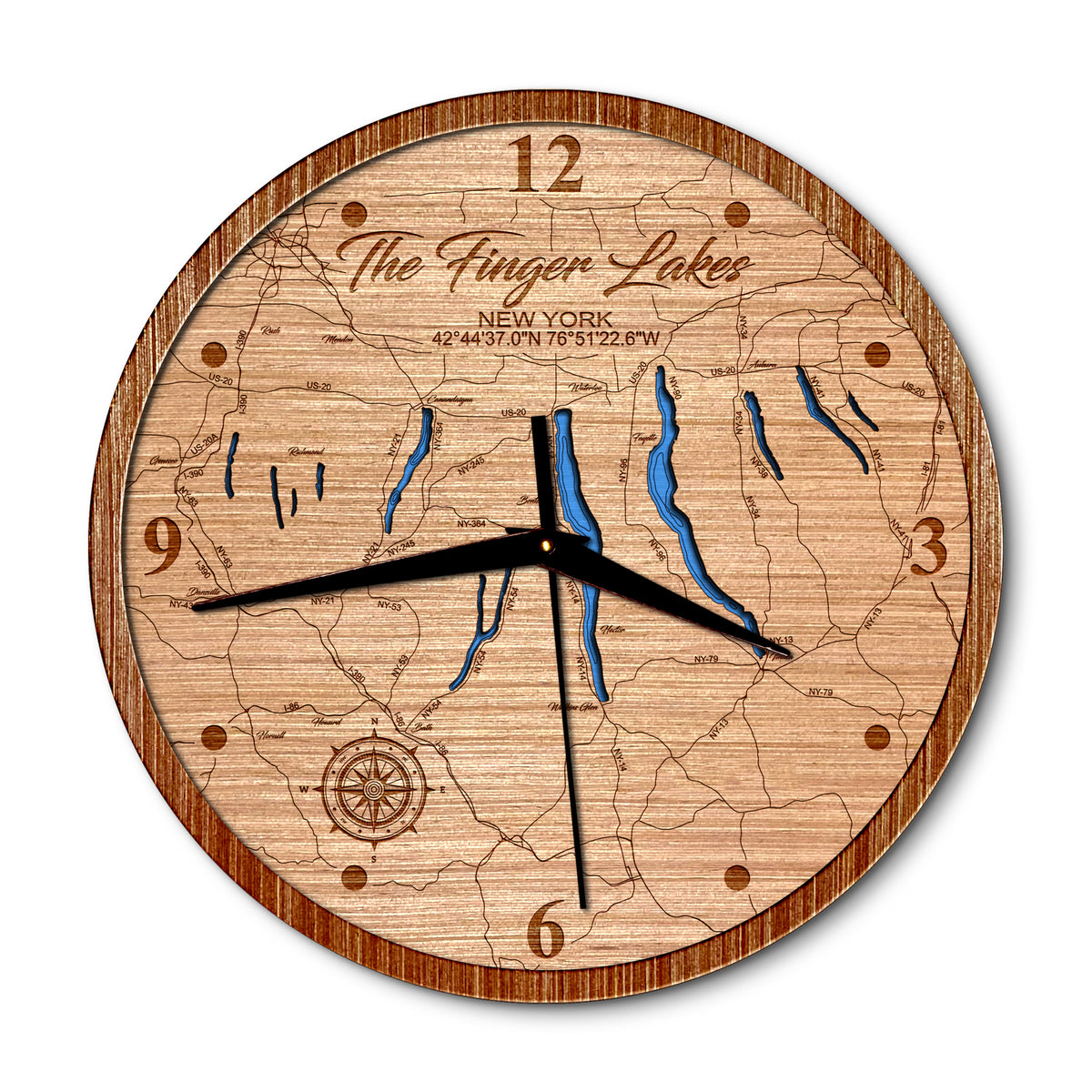 The Finger Lakes, New York 14in Layered Map Clock - Any Lake, Pond, or Reservoir - Unique Home Decor