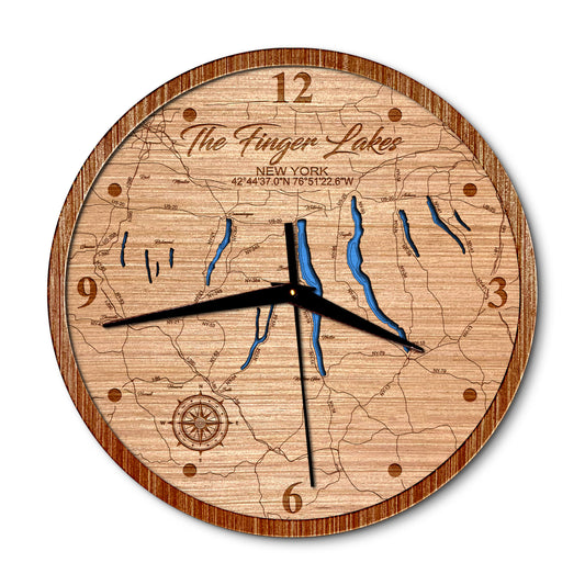The Finger Lakes, New York 14in Layered Map Clock - Any Lake, Pond, or Reservoir - Unique Home Decor