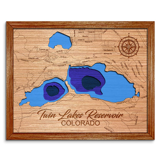 Twin Lakes Reservoir, Colorado Depth Map - Any Lake, Pond, or Reservoir, Home Decor, Wall Art, Wall Decor