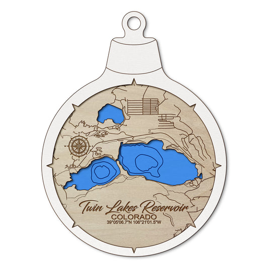 Twin Lakes Reservoir, Colorado Custom 3D Layered Wood Lake Map Ornament | Handcrafted Bathymetric Art