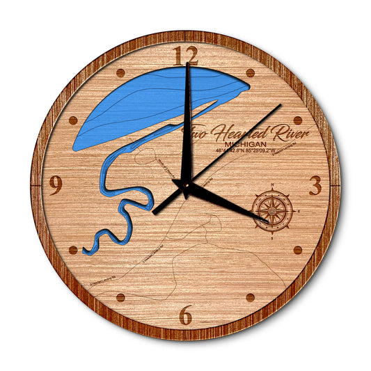 Two Hearted River, Michigan 14in Layered Map Clock - Any Lake, Pond, or Reservoir - Unique Home Decor