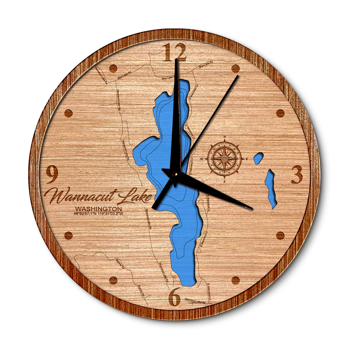 Wannacut Lake, Washington 14in Layered Map Clock - Any Lake, Pond, or Reservoir - Unique Home Decor