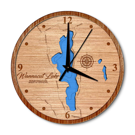 Wannacut Lake, Washington 14in Layered Map Clock - Any Lake, Pond, or Reservoir - Unique Home Decor
