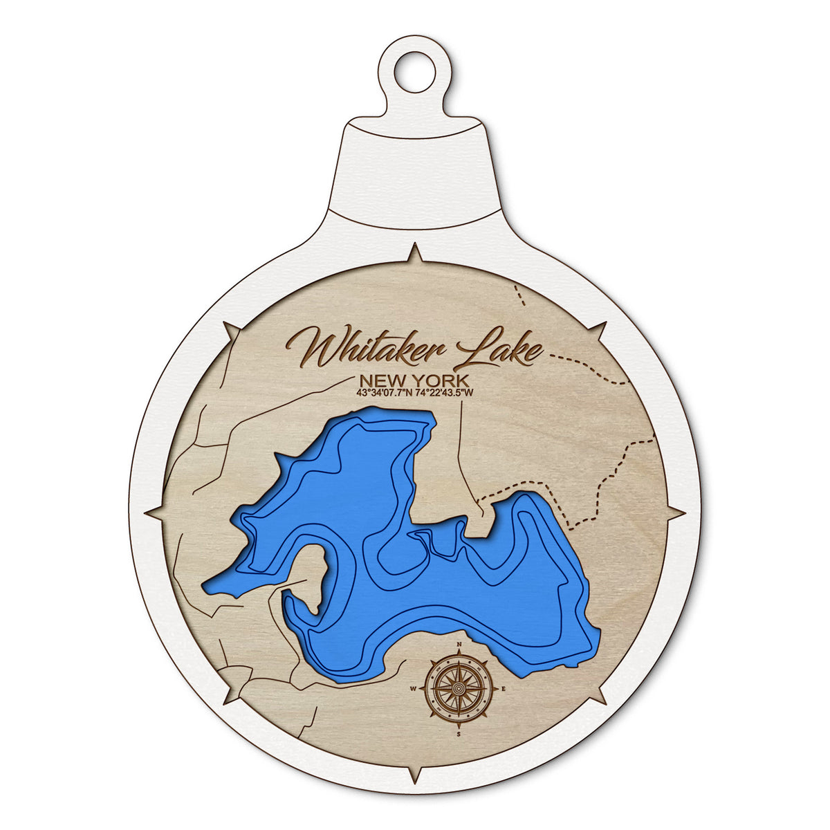 Whitaker Lake, Speculator New York Custom 3D Layered Wood Lake Map Ornament | Handcrafted Bathymetric Art