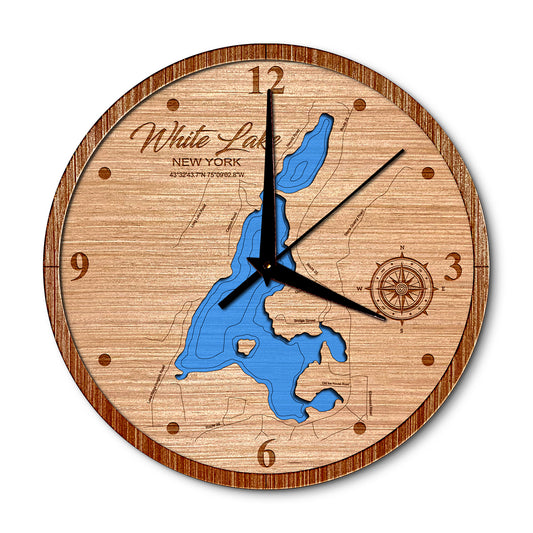 White Lake, New York Layered Map Clock - Any Lake, Pond, or Reservoir - Unique Home Decor