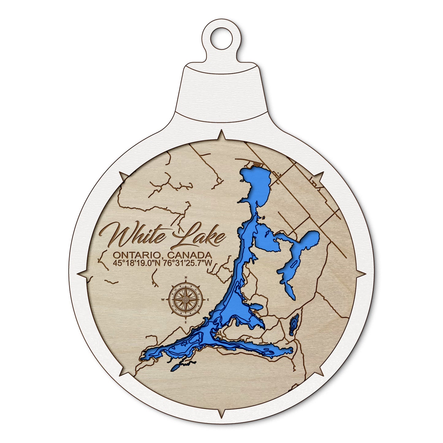 White Lake Ontario, Canada Custom 3D Layered Wood Lake Map Ornament | Handcrafted Bathymetric Art