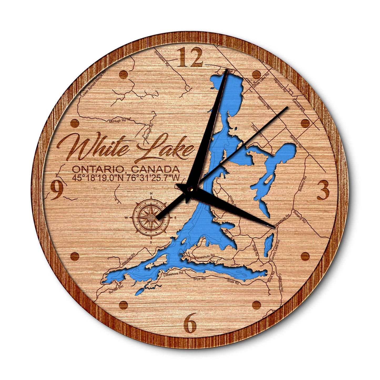 White Lake Ontario, Canada 14in Layered Map Clock - Any Lake, Pond, or Reservoir - Unique Home Decor