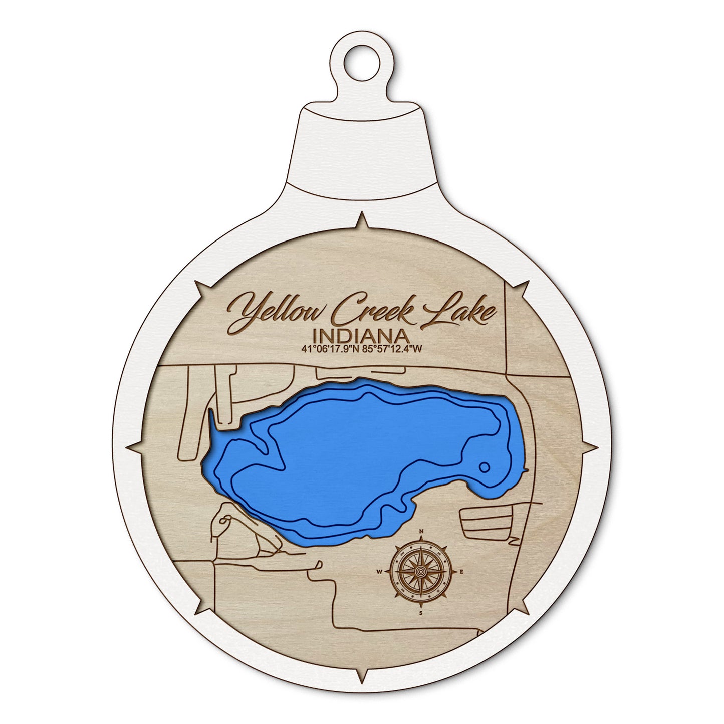 Yellow Creek Lake, Indiana Custom 3D Layered Wood Lake Map Ornament | Handcrafted Bathymetric Art