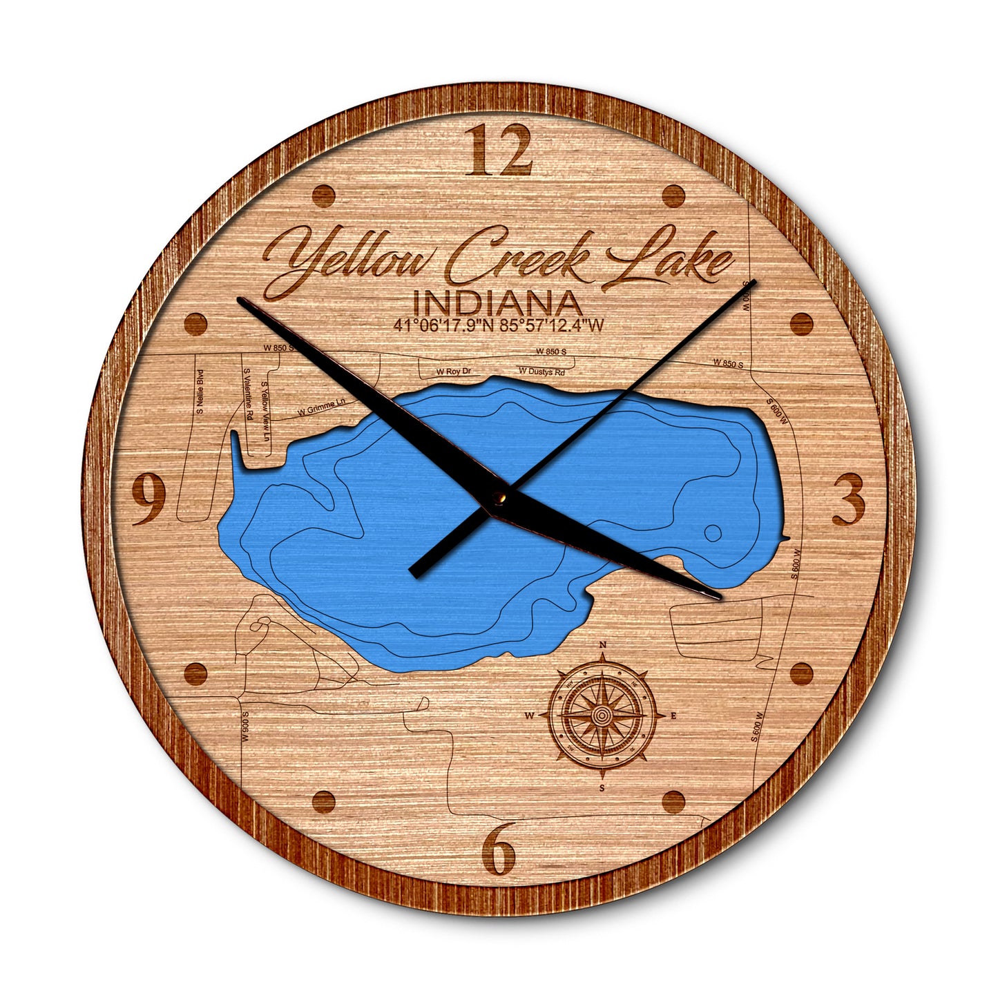 Yellow Creek Lake, Indiana 14in Layered Map Clock - Any Lake, Pond, or Reservoir - Unique Home Decor