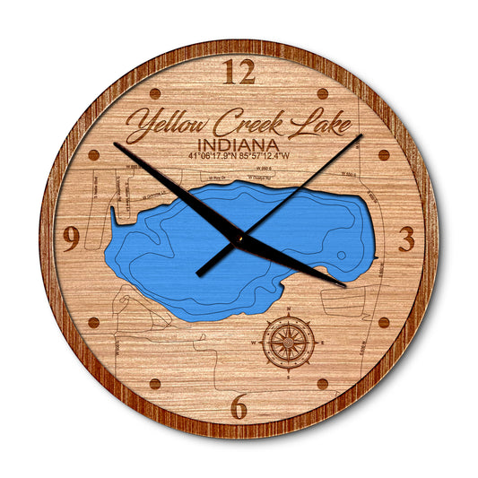 Yellow Creek Lake, Indiana 14in Layered Map Clock - Any Lake, Pond, or Reservoir - Unique Home Decor