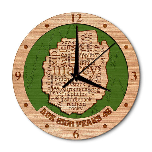 Adirondack High Peaks Word Art Layered Map Clock - Any Lake, Pond, or Reservoir - Unique Home Decor