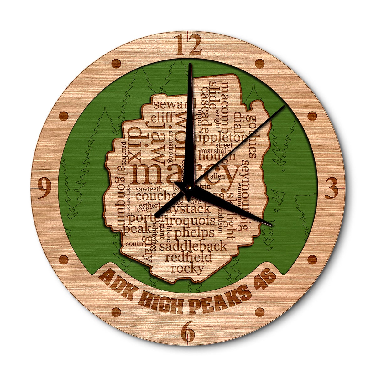 Adirondack High Peaks Word Art 14in Layered Map Clock - Any Lake, Pond, or Reservoir - Unique Home Decor