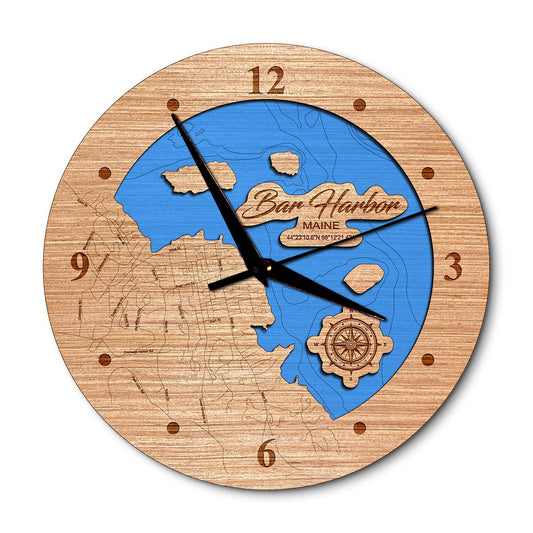 Bar Harbor, Maine Layered Map Clock - Any Lake, Pond, or Reservoir - Unique Home Decor