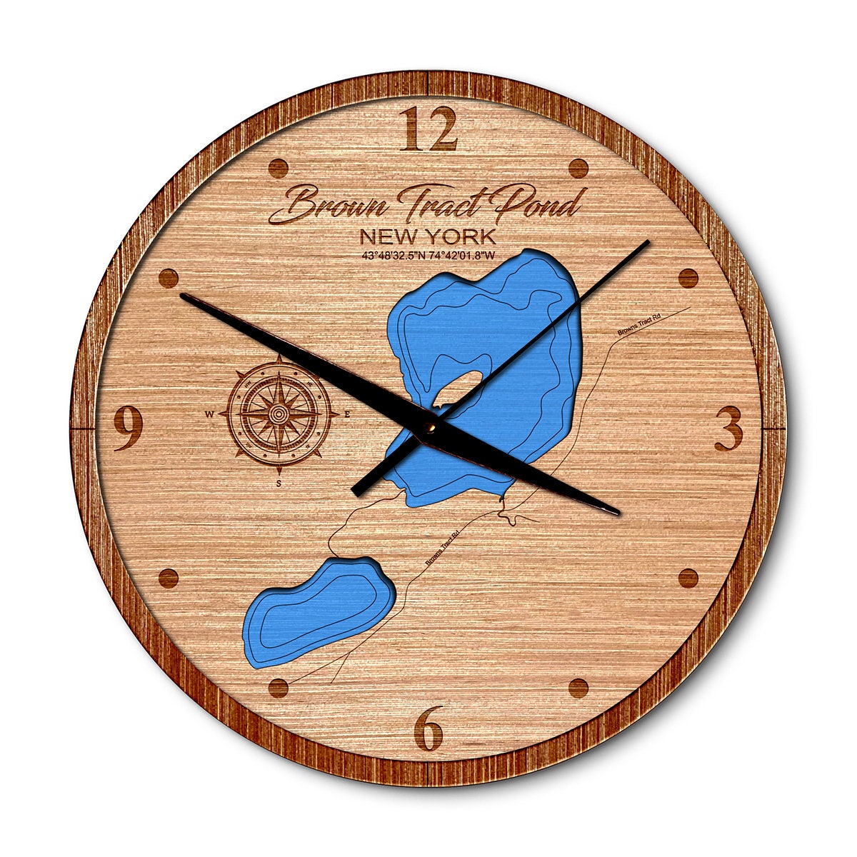 Brown Tract Pond, New York 14in Layered Map Clock - Any Lake, Pond, or Reservoir - Unique Home Decor