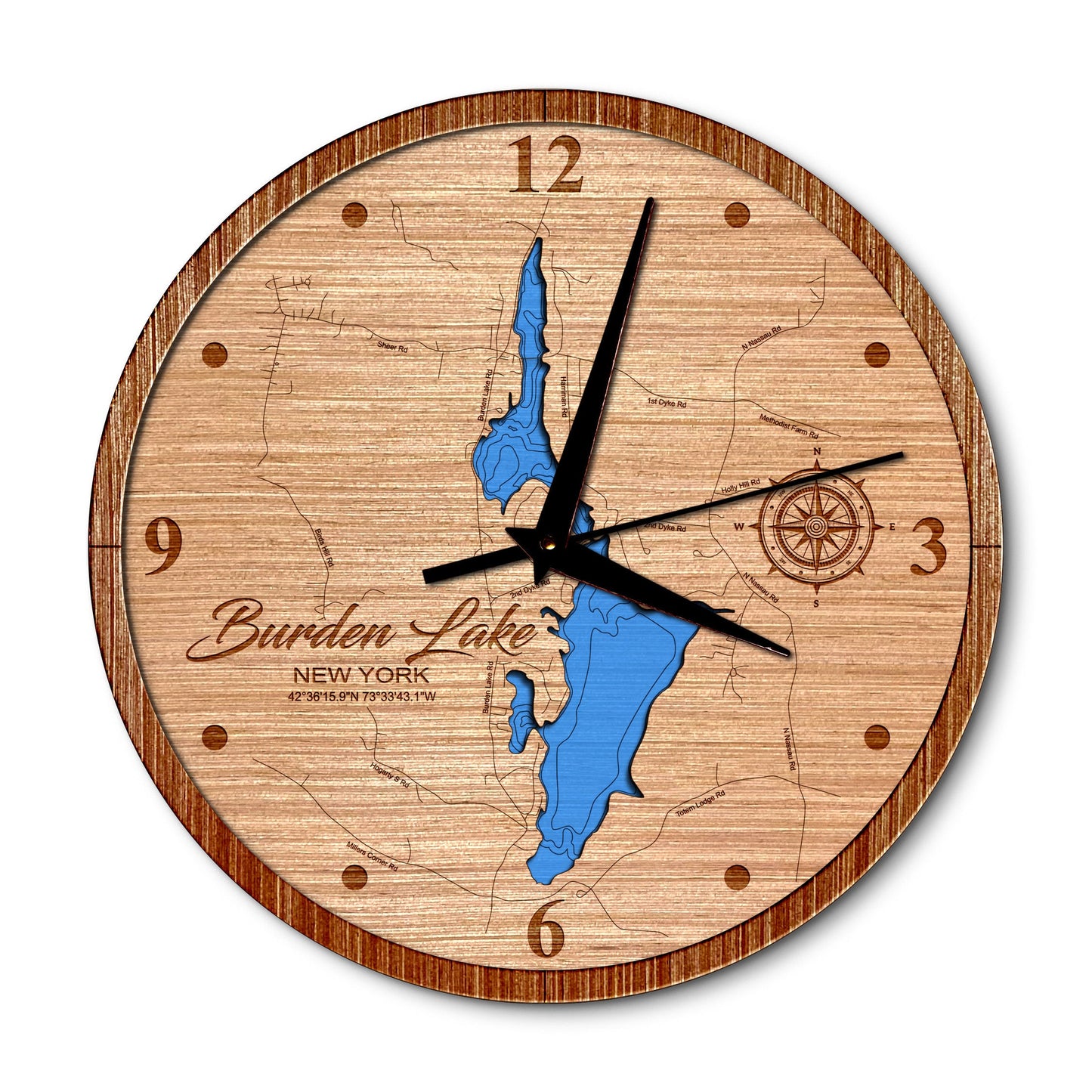 Burden Lake, New York 14in Layered Map Clock - Any Lake, Pond, or Reservoir - Unique Home Decor