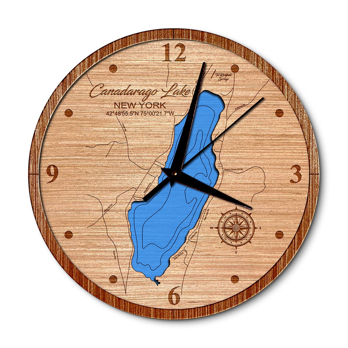Canadarago Lake, New York 14in Layered Map Clock - Any Lake, Pond, or Reservoir - Unique Home Decor