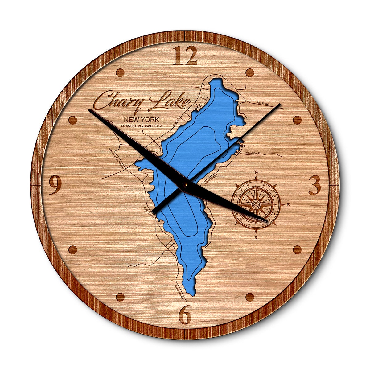 Chazy Lake, New York 14in Layered Map Clock - Any Lake, Pond, or Reservoir - Unique Home Decor