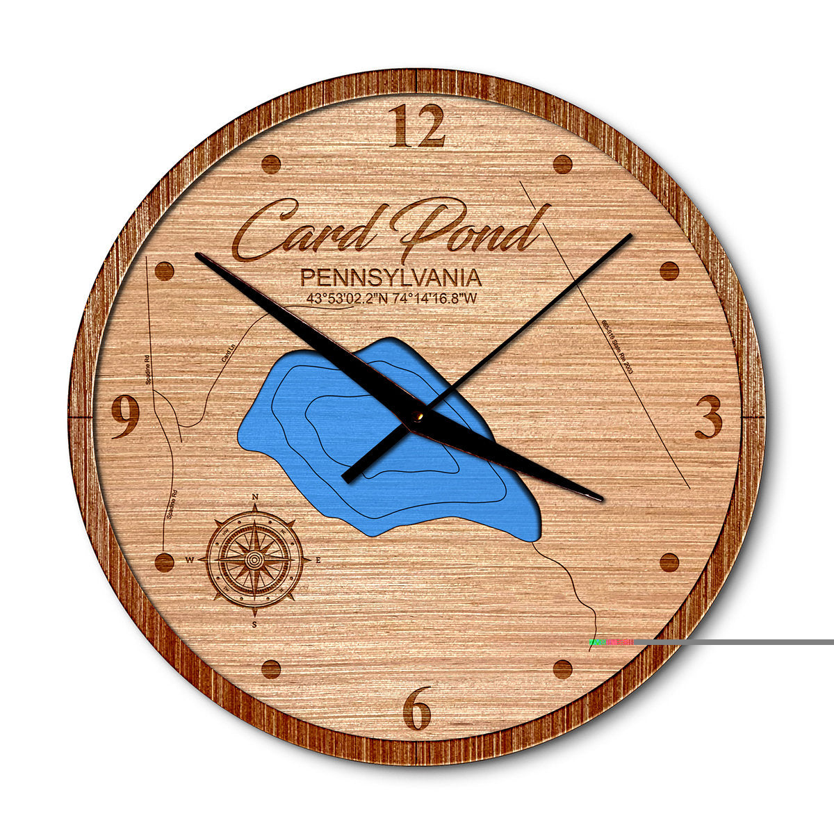 Cord (Card) Pond, Pennsylvania 14in Layered Map Clock - Any Lake, Pond, or Reservoir - Unique Home Decor