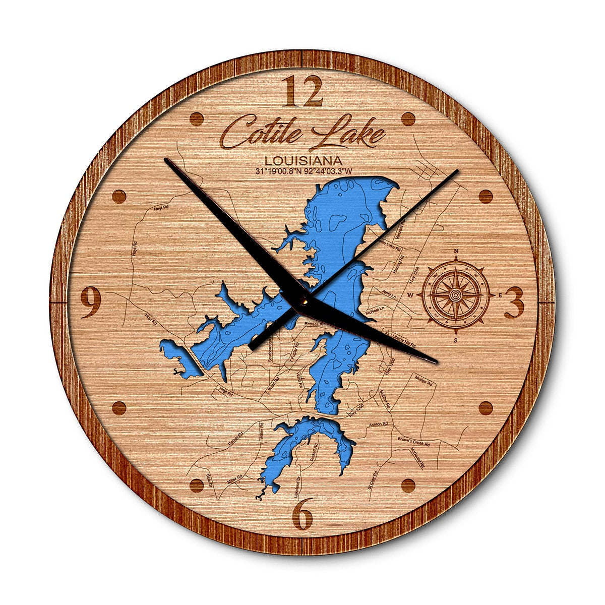 Cotile Lake, Louisiana 14in Layered Map Clock - Any Lake, Pond, or Reservoir - Unique Home Decor