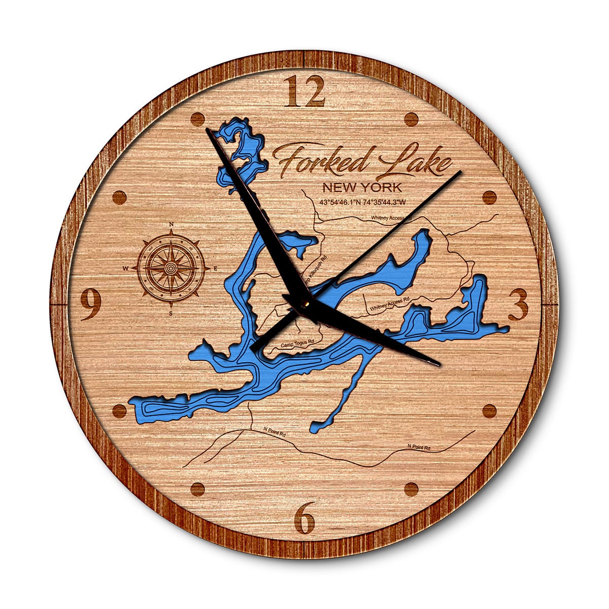 Forked Lake, New York 14in Layered Map Clock - Any Lake, Pond, or Reservoir - Unique Home Decor