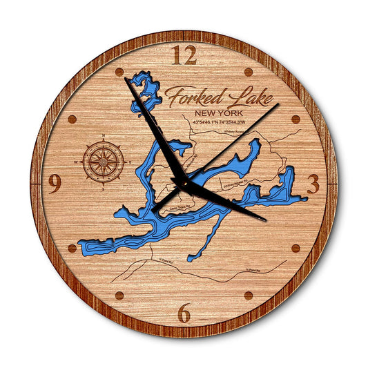 Forked Lake, New York 14in Layered Map Clock - Any Lake, Pond, or Reservoir - Unique Home Decor