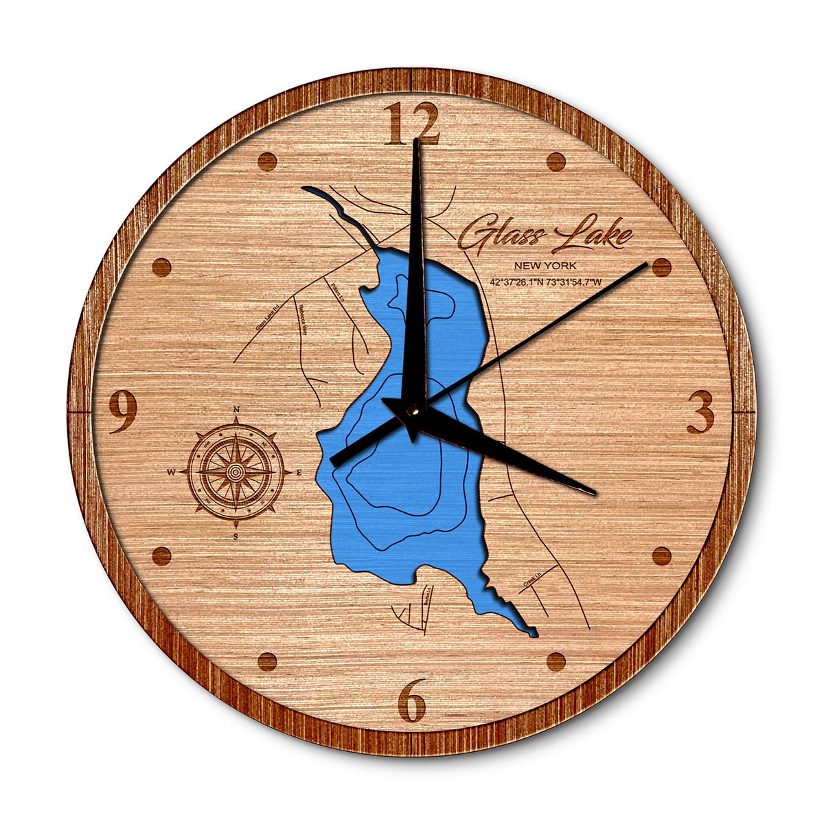 Glass Lake, New York 14in Layered Map Clock - Any Lake, Pond, or Reservoir - Unique Home Decor