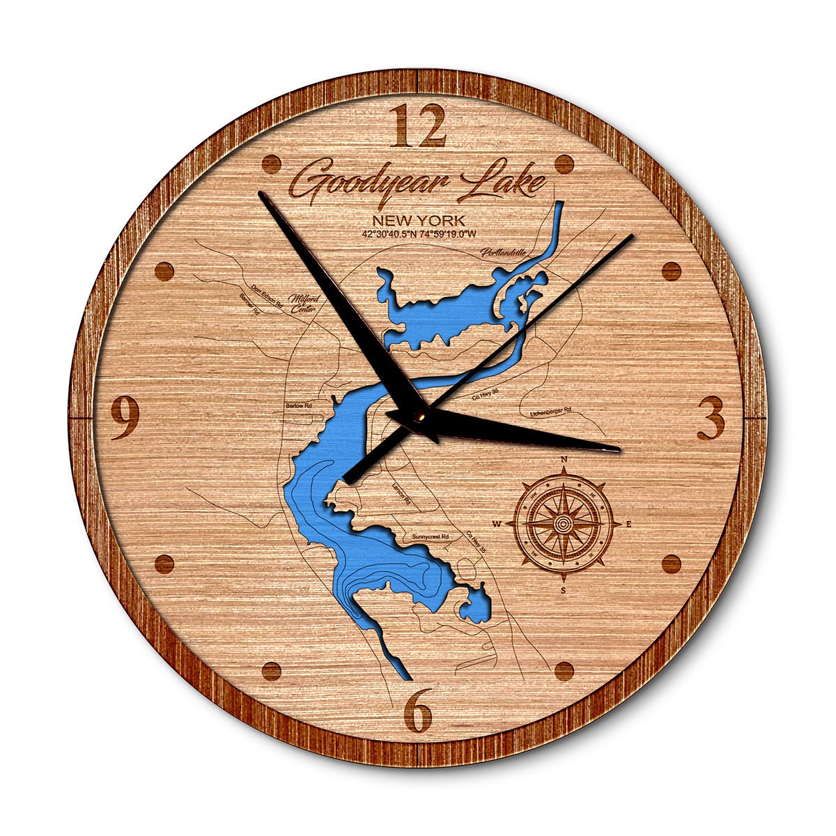 Goodyear Lake, New York 14in Layered Map Clock - Any Lake, Pond, or Reservoir - Unique Home Decor