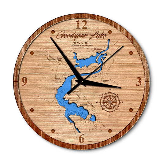 Goodyear Lake, New York 14in Layered Map Clock - Any Lake, Pond, or Reservoir - Unique Home Decor