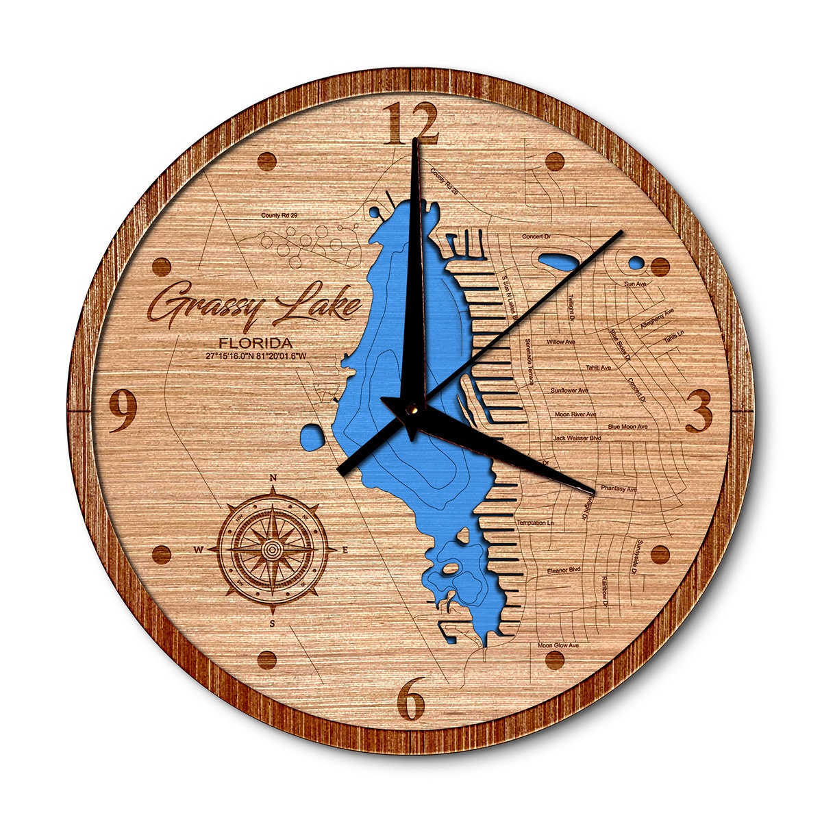 Grassy Lake, Florida Layered 14in Layered Map Clock - Any Lake, Pond, or Reservoir - Unique Home Decor