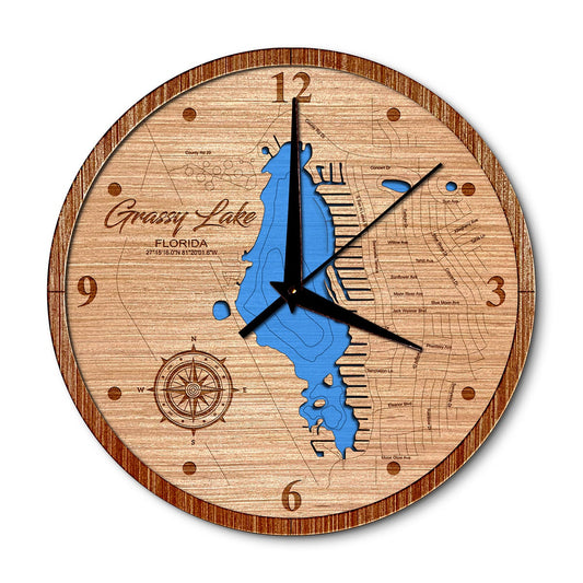 Grassy Lake, Florida Layered 14in Layered Map Clock - Any Lake, Pond, or Reservoir - Unique Home Decor