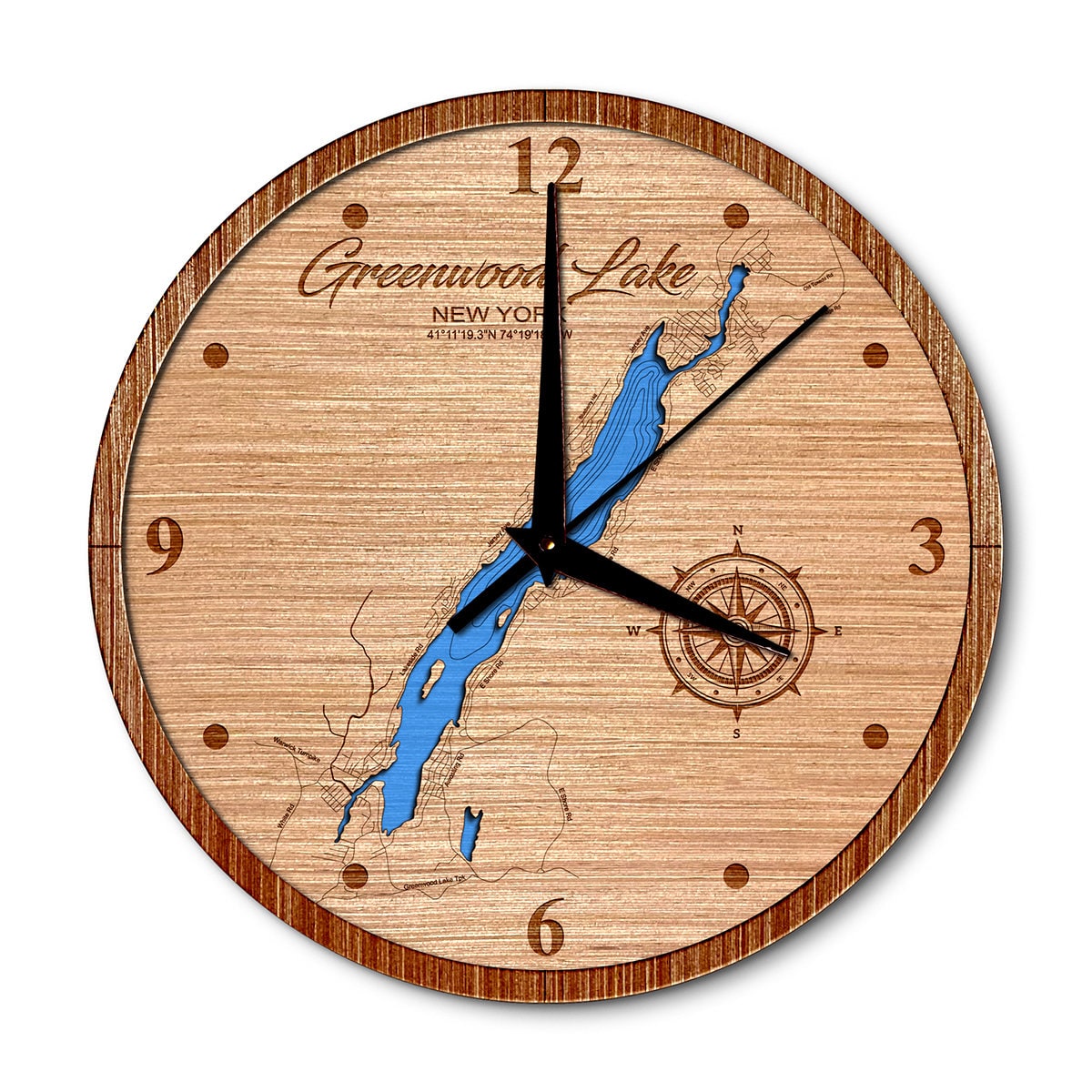 Greenwood Lake, New York & New Jersey 14in Layered Map Clock - Any Lake, Pond, or Reservoir - Unique Home Decor