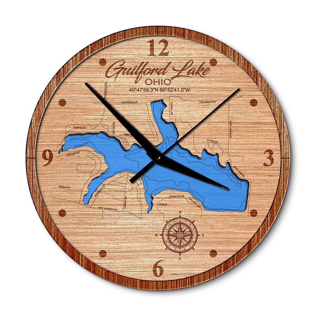 Guilford Lake, Ohio Layered Map Clock - Any Lake, Pond, or Reservoir - Unique Home Decor