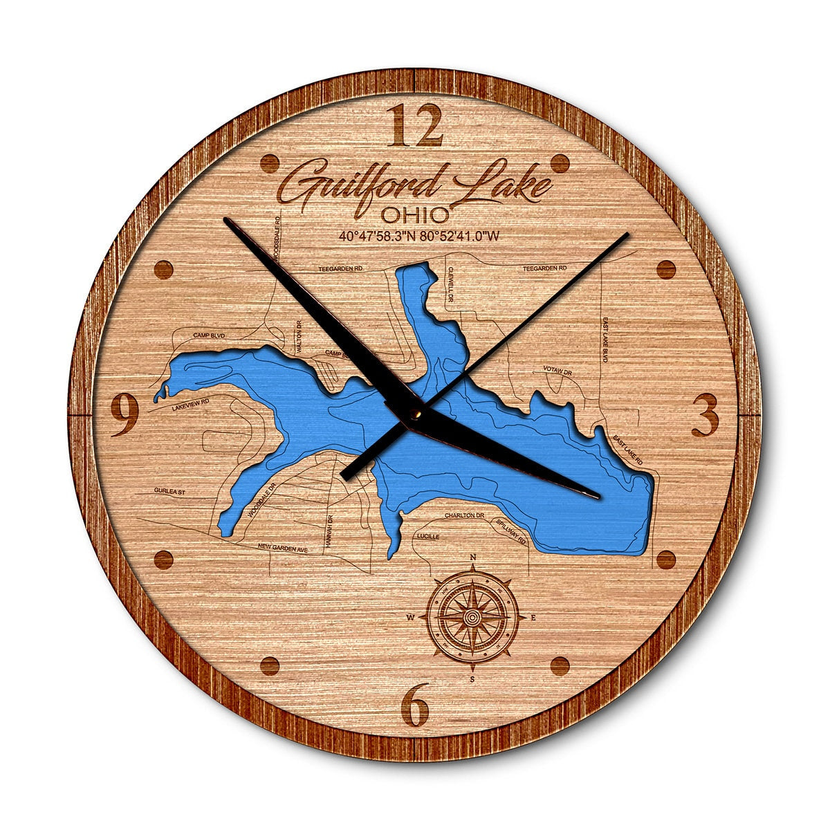 Guilford Lake, Ohio 14in Layered Map Clock - Any Lake, Pond, or Reservoir - Unique Home Decor