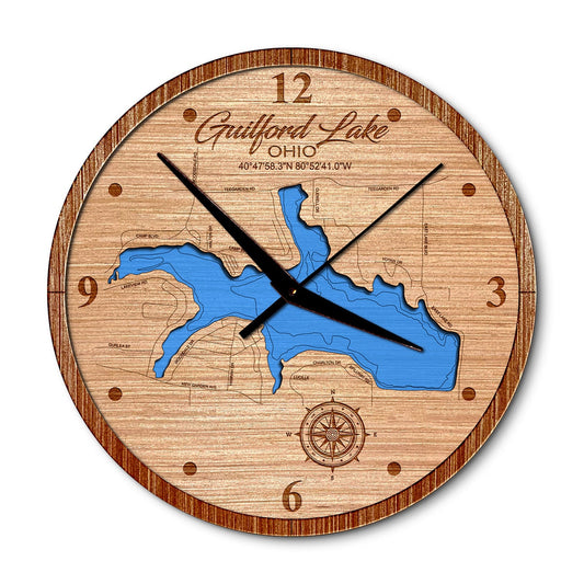 Guilford Lake, Ohio 14in Layered Map Clock - Any Lake, Pond, or Reservoir - Unique Home Decor