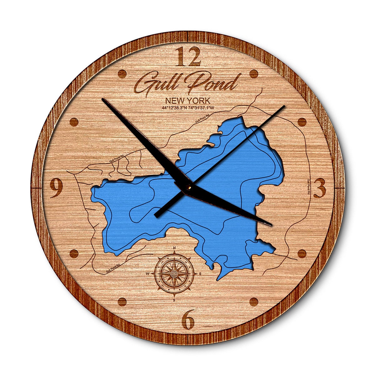 Gull Pond, New York 14in Layered Map Clock - Any Lake, Pond, or Reservoir - Unique Home Decor