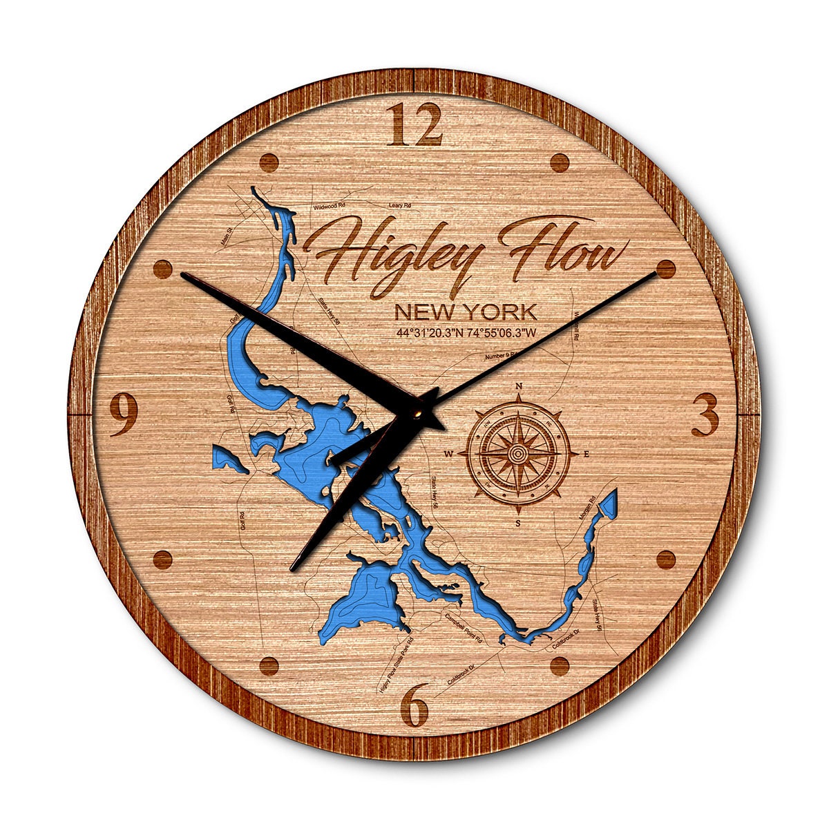 Higley Flow, New York 14in Layered Map Clock - Any Lake, Pond, or Reservoir - Unique Home Decor
