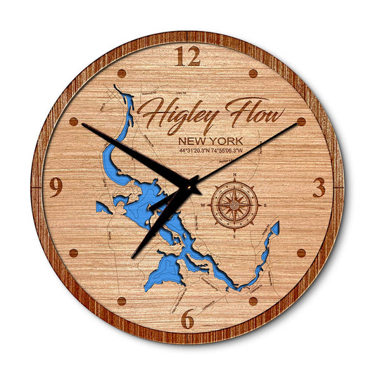 Higley Flow, New York 14in Layered Map Clock - Any Lake, Pond, or Reservoir - Unique Home Decor