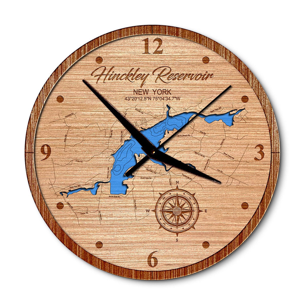 Hinckley Reservoir, New York 14in Layered Map Clock - Any Lake, Pond, or Reservoir - Unique Home Decor