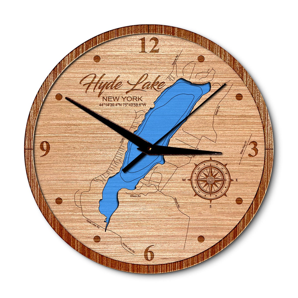 Hyde Lake, New York 14in Layered Map Clock - Any Lake, Pond, or Reservoir - Unique Home Decor