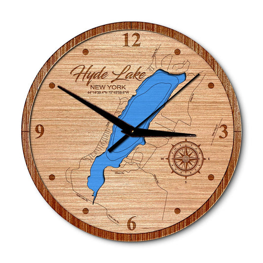 Hyde Lake, New York 14in Layered Map Clock - Any Lake, Pond, or Reservoir - Unique Home Decor
