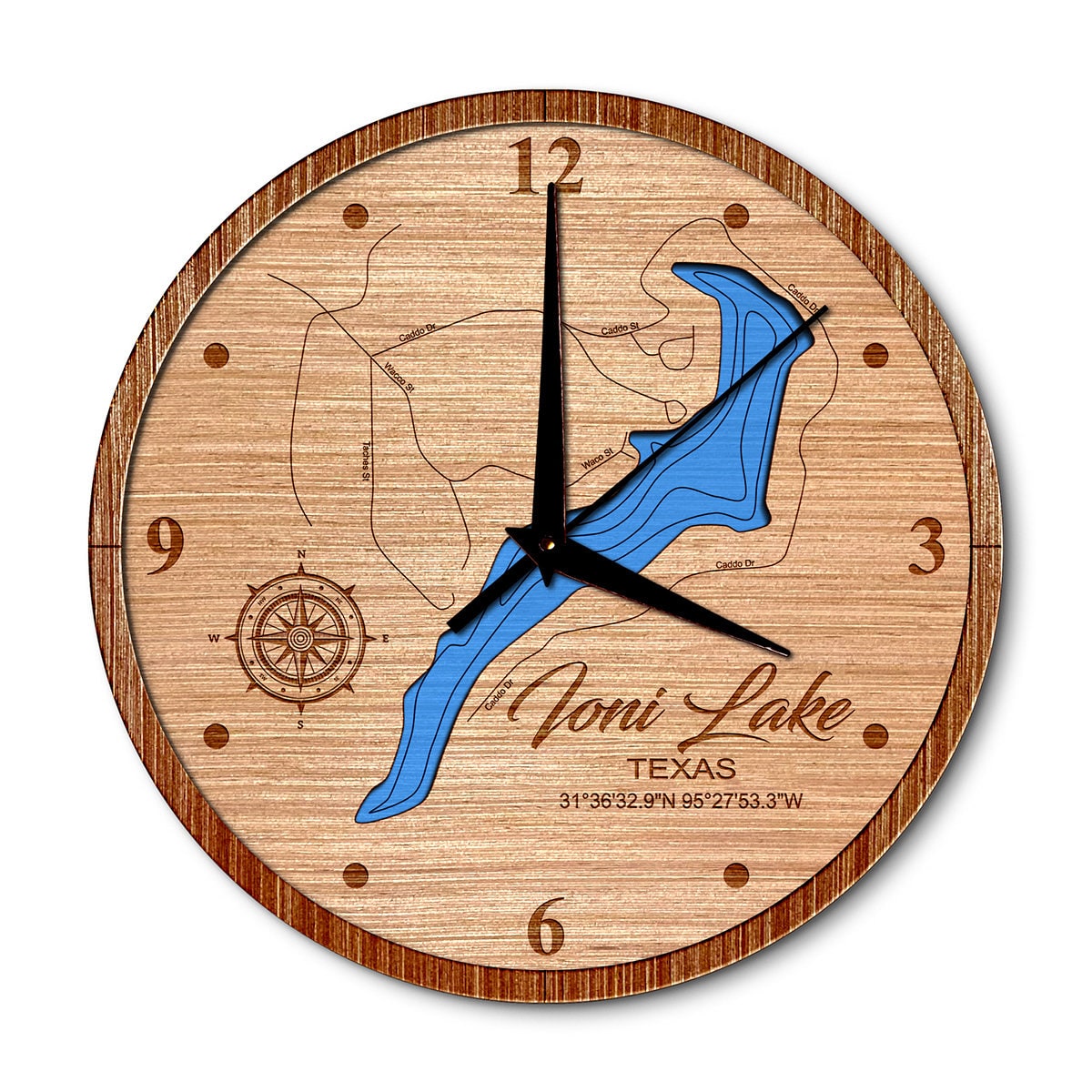 Ioni Lake, Texas 14in Layered Map Clock - Any Lake, Pond, or Reservoir - Unique Home Decor