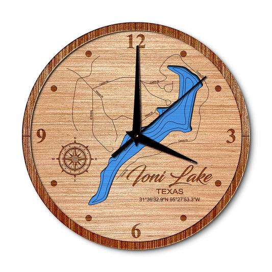 Ioni Lake, Texas 14in Layered Map Clock - Any Lake, Pond, or Reservoir - Unique Home Decor