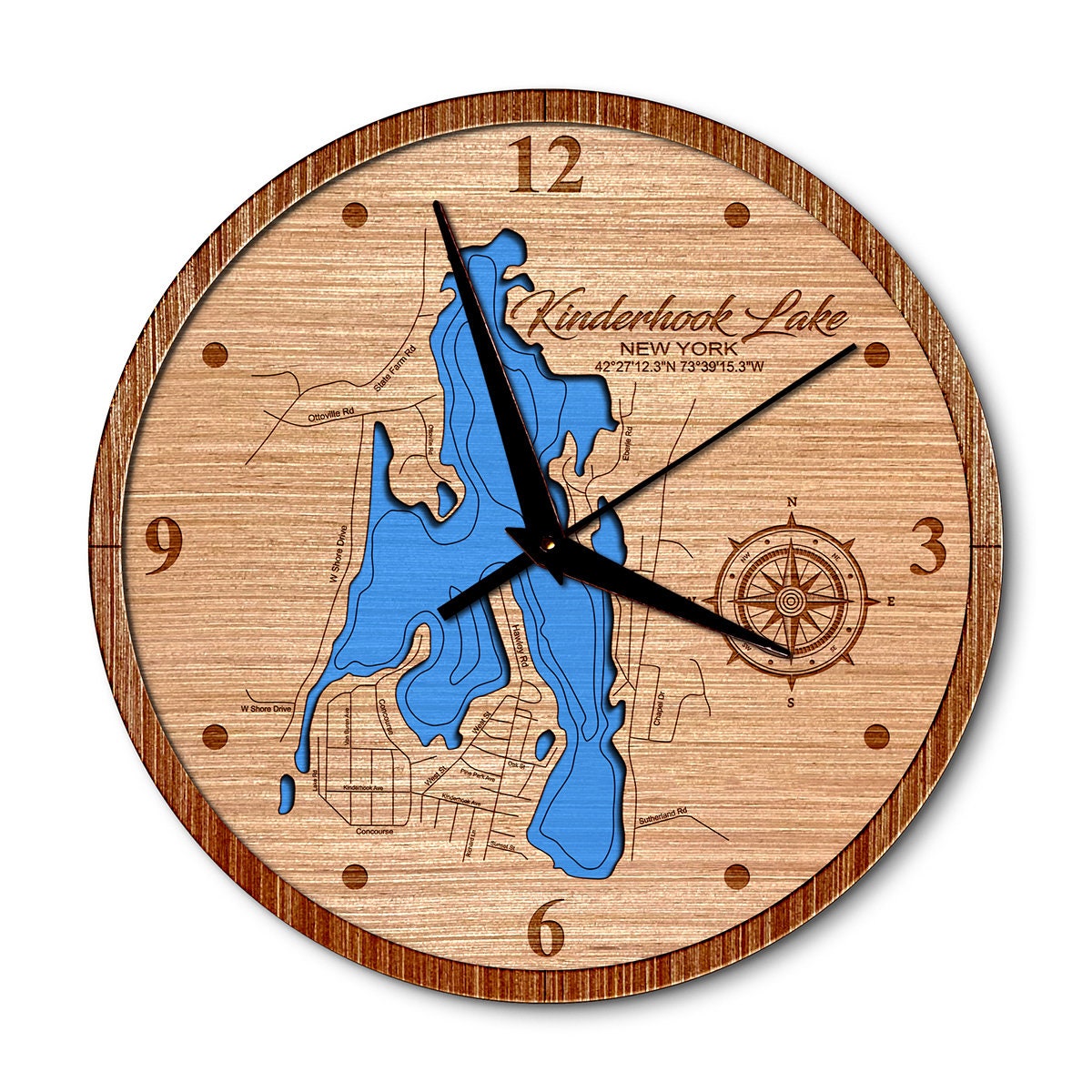 Kinderhook Lake, New York 14in Layered Map Clock - Any Lake, Pond, or Reservoir - Unique Home Decor