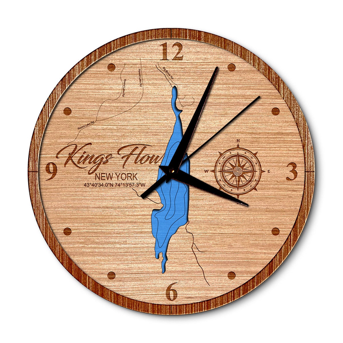 Kings Flow, New York 14in Layered Map Clock - Any Lake, Pond, or Reservoir - Unique Home Decor