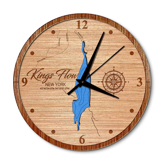 Kings Flow, New York 14in Layered Map Clock - Any Lake, Pond, or Reservoir - Unique Home Decor