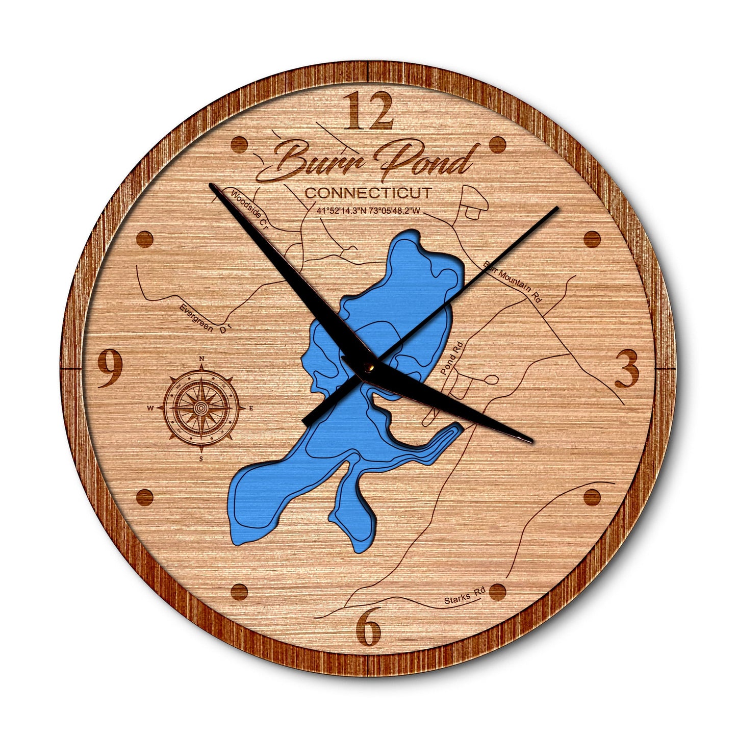 Burr Pond, Connecticut 14in Layered Map Clock - Any Lake, Pond, or Reservoir - Unique Home Decor