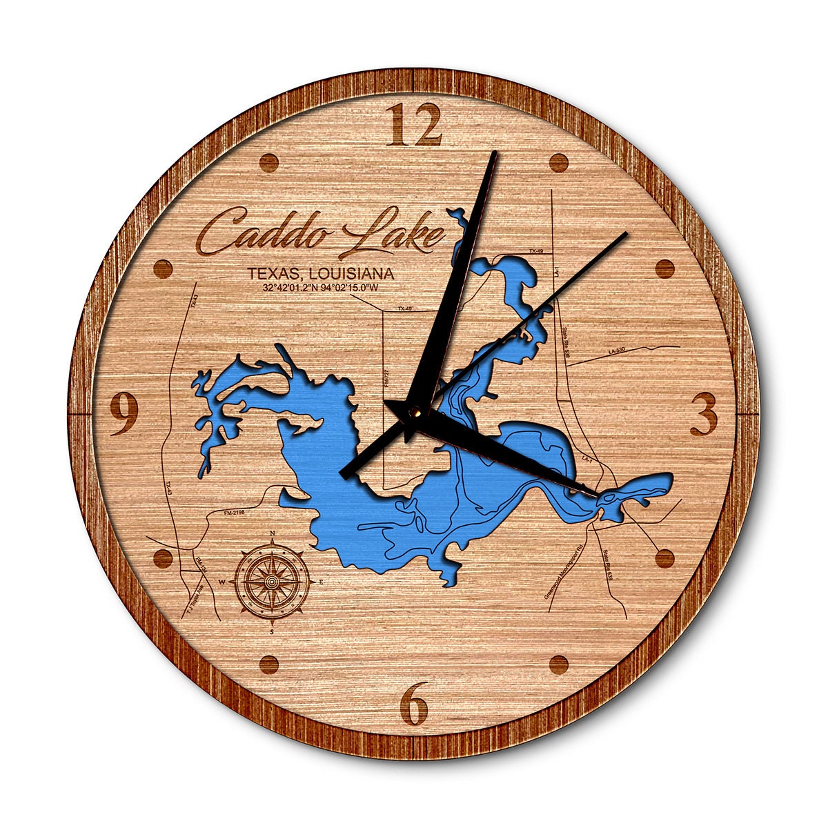 Caddo Lake, Texas & Louisiana Layered Map Clock - Any Lake, Pond, or Reservoir - Unique Home Decor